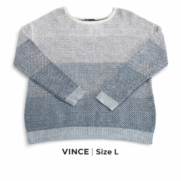 Vince Sweaters - Vince Open Knit Colorblock Cotton Sweater Size L Blue Ivory